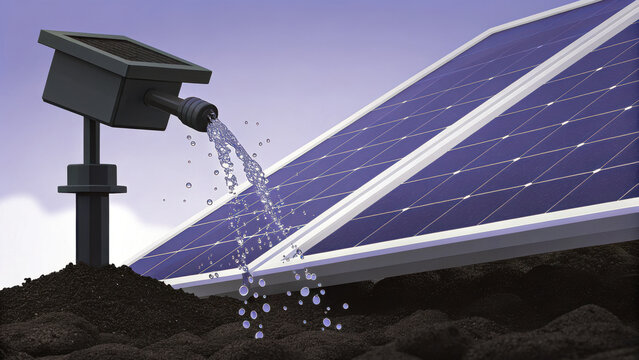 Water Scarcity Climate Solutions Concept. Efficient solar powered drip emitter releasing precise droplets for irrigation