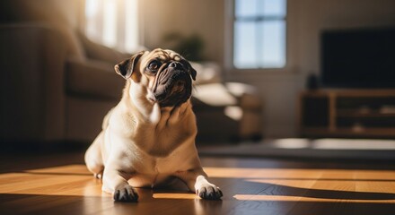 A pug dog sits on a wood floor bathed in sunlight, looking up. Interior background
