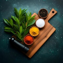 Fresh herbs and spices on wooden cutting board still life