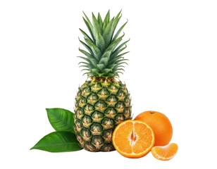 Whole pineapple and vibrant citrus fruits against a dark void