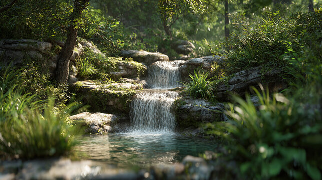 A cascading waterfall surrounded by lush greenery in a serene forest setting
