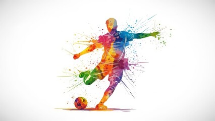 Watercolor Soccer Player Kicking the Ball , Vibrant Multicolor Vector Illustration on White Background