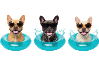 Three smiling French Bulldog puppies in gold, black, orange sunglasses within turquoise swimming rings on white background, dynamic water splashes, summer pet joy concept