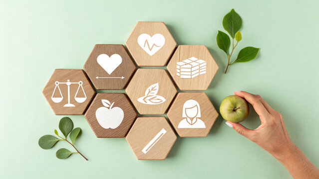 A collection of wooden hexagonal blocks arranged in honeycomb pattern, each block displays a white icon related to health and wellness