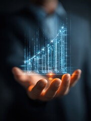Fototapeta premium businessman holding a futuristic holographic screen displaying a rising financial growth chart symbolizing business success investment and data analysis