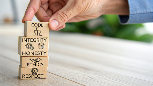 A photograph featuring a row of wooden blocks, each block displays a different icon and word related to ethical values