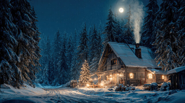 wooden cabin and outdoor dining area nestled in a dense, snow-covered pine forest under a full moon at night. The image evokes a tranquil winter holiday, secluded retreat, christmas atmosphere