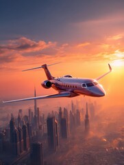 the private jet plane flying above dubai city in beautiful sunset light modern and fastest mode of transportation business life panoramic banner background