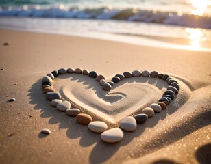 Heart shaped pebbles on a sandy beach with gentle waves