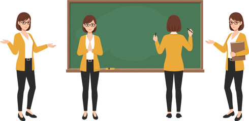 Obraz premium Female Teacher or Professor Character in Multiple Poses Standing by a Green Chalkboard, Ready to Teach, Instruct, and Present Educational Material in a Classroom Setting.