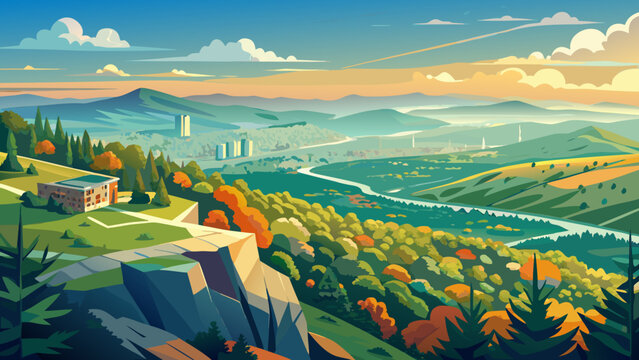 Very beautiful expansive Chattanooga views from Lookout Mountain, revealing lush forests, rolling hills, and a distant horizon under warm daylight, forming a tranquil and inspiring elevated landscape.