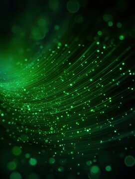 radial green glowing rays with bokeh circles on dark gradient background for big data visualization and green tech wallpaper