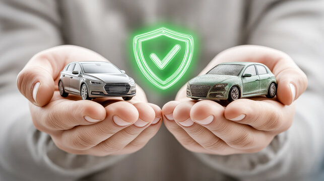 Fototapeta Insurance agent holds one intact toy car and one damaged toy car in front of an insurance-related symbol, illustrating risk and protection concepts.