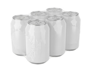 Six Unlabeled Aluminum Cans in Clear Shrink Wrap Packaging Mockup on Dark Surface
