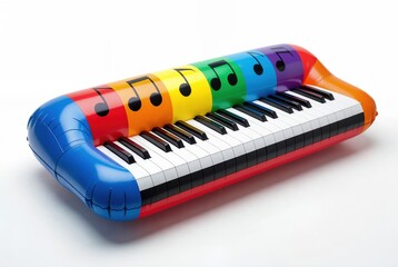 Teclado de piano hinchable multicolor sobre fondo claro, estilo divertido y veraniego. Diseño creativo con teclas vibrantes, ideal para temas musicales, infantiles o de ocio en la piscina 