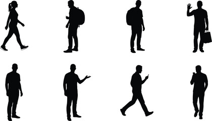 Urban people silhouette pack—vector of walking, gesturing, waving, drinking, and phone-using figures with backpacks