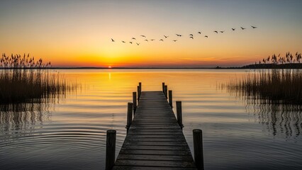Sunset landscape featuring a serene lake with smooth reflective water
