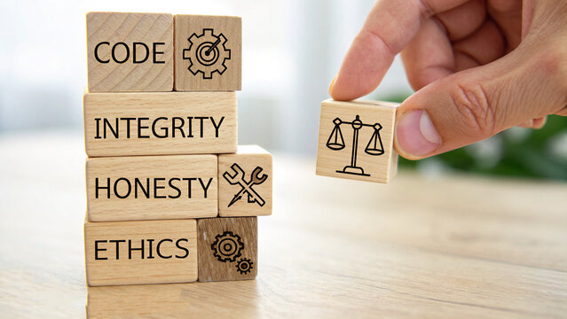 Photograph featuring a row of wooden blocks, each block displays a different icon and word related to ethical values