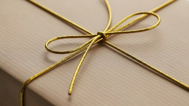 Close up of a wrapped present with gold bow and string isolated