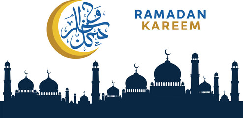 Ramadan Kareem mosque and crescent—vector with Arabic calligraphy, gold moon, blue silhouette, and festive typography © Vex flow