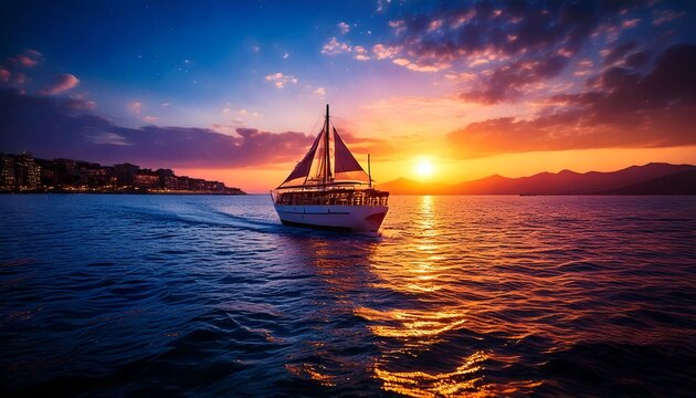 A sailboat glides across the water at sunset with a vibrant sky. - Powered by Adobe