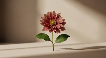 A single pink dahlia flower with green leaves, lit by soft shadows, on a neutral background