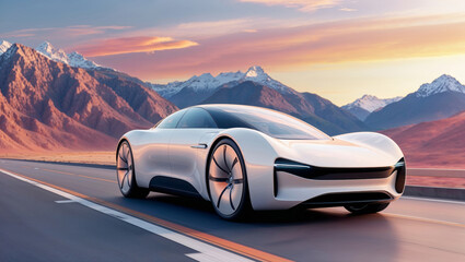 Naklejka premium Futuristic white electric car driving on a highway with mountains in the background