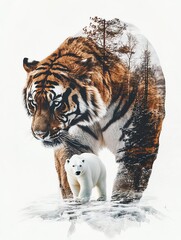 Obraz premium Double exposure tiger and polar bear scene.