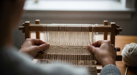 Weaving Hands Crafting Fabric on Small Wooden Loom Indoors