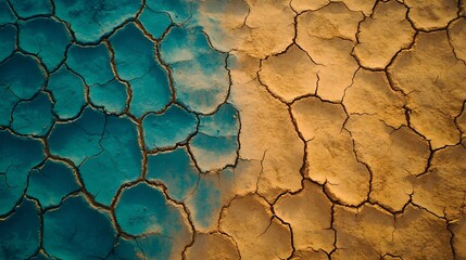 Aerial view of cracked earth with blue and brown textures showing climate change impact