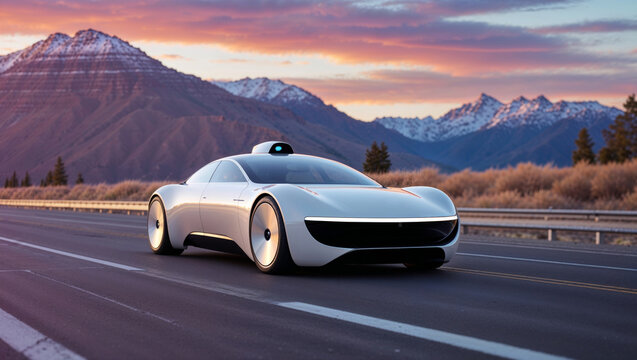 Futuristic autonomous vehicle driving on a highway with mountains in the background - Powered by Adobe