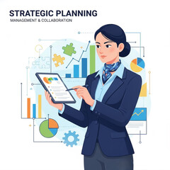 Fototapeta premium Female Business Professional Engaged in Strategic Planning and Data Analysis with Tablet and Charts illustration