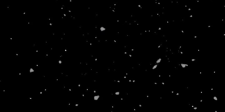 Snow Falling Effect. Small and large snowflakes moving on black background with alpha channel. Snowfall in winter weather. Design for video overlay. Realistic graphic 3D animated footage
