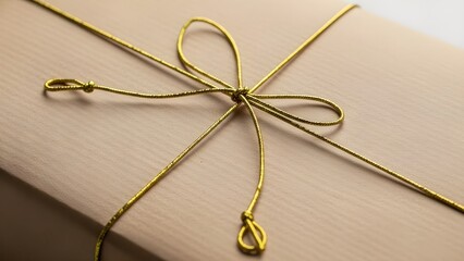 Wrapped gift box with golden string bow on beige background