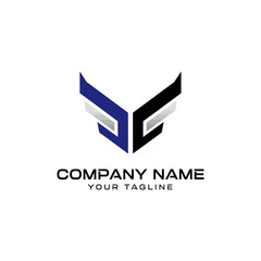 A modern, abstract, and symmetrical logo design featuring stylized wings or letters in blue and black, suitable for a company brand.