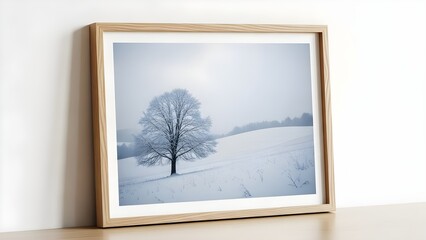 Winter landscape scene with frosted tree framed artwork for display