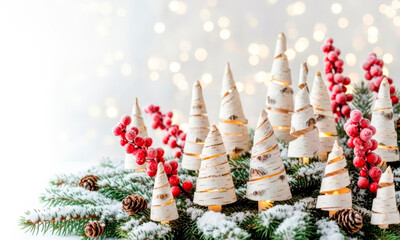 Wooden Christmas trees made of bark among fir branches with cones and red berries on the background of festive lights. Merry Christmas and Happy New Year