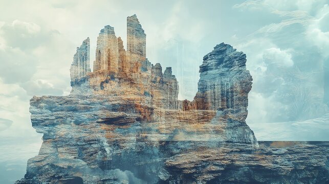 Ethereal rock formations under cloudy sky.