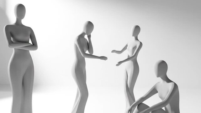 Conceptual video featuring stylized figures interacting in a bright, minimalist space, exploring