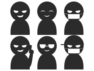 不審者や犯罪者を表す悪い顔をしたシンプルな人のシルエットのイラストセット