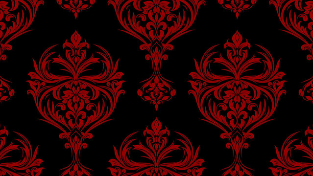 Seamless pattern of red damask ornaments on a black background creating a vintage wallpaper design