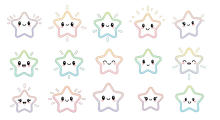 Fototapeta premium Cute pastel star character expressions set with adorable faces for playful children’s illustrations and joyful lifestyle graphic resources