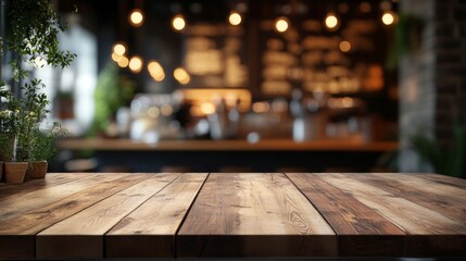 A cosy café setting unfolds on a wooden surface with lush potted plants, ideal as an atmospheric backdrop for advertising catering establishments.