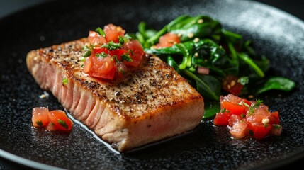 An appetising piece of fish with vegetables and sauce on a plate creates an attractive backdrop for culinary blogs or restaurant menus.