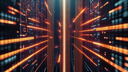 Abstract digital data stream with glowing orange lines and binary code