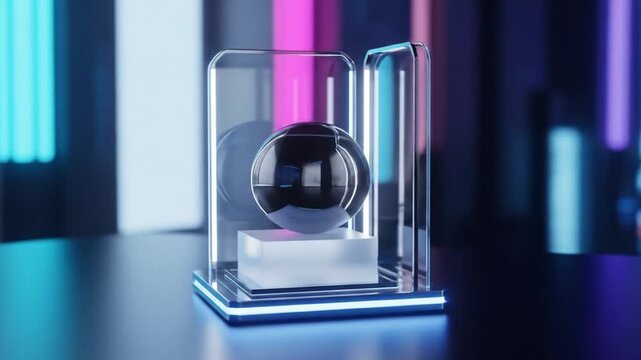 Abstract Technology object motion in showcase box with neon lights background concept