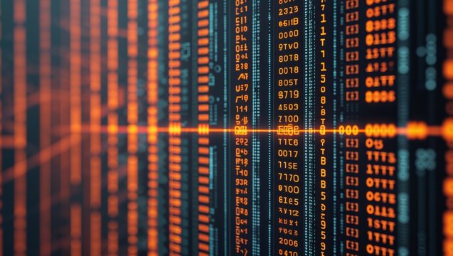 Abstract digital data stream with binary code and glowing orange light
