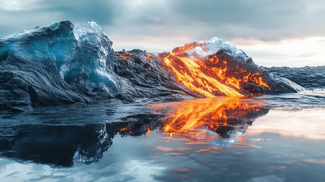 Lava meets ice in dramatic natural scene.