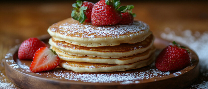 A stack of golden pancakes with fresh strawberries and powdered sugar will brighten up any café menu or make a tasty backdrop for a food blog.
