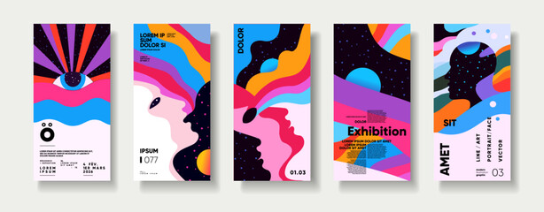 A vibrant set of abstract posters featuring colorful, flowing designs with cosmic elements. Each poster showcases unique artistic styles, blending bold colors and shapes